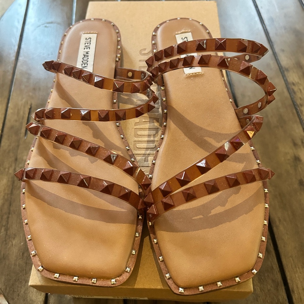 Steve Madden Cognac “Skyler” Studded Women's Sandals (New in Box)
